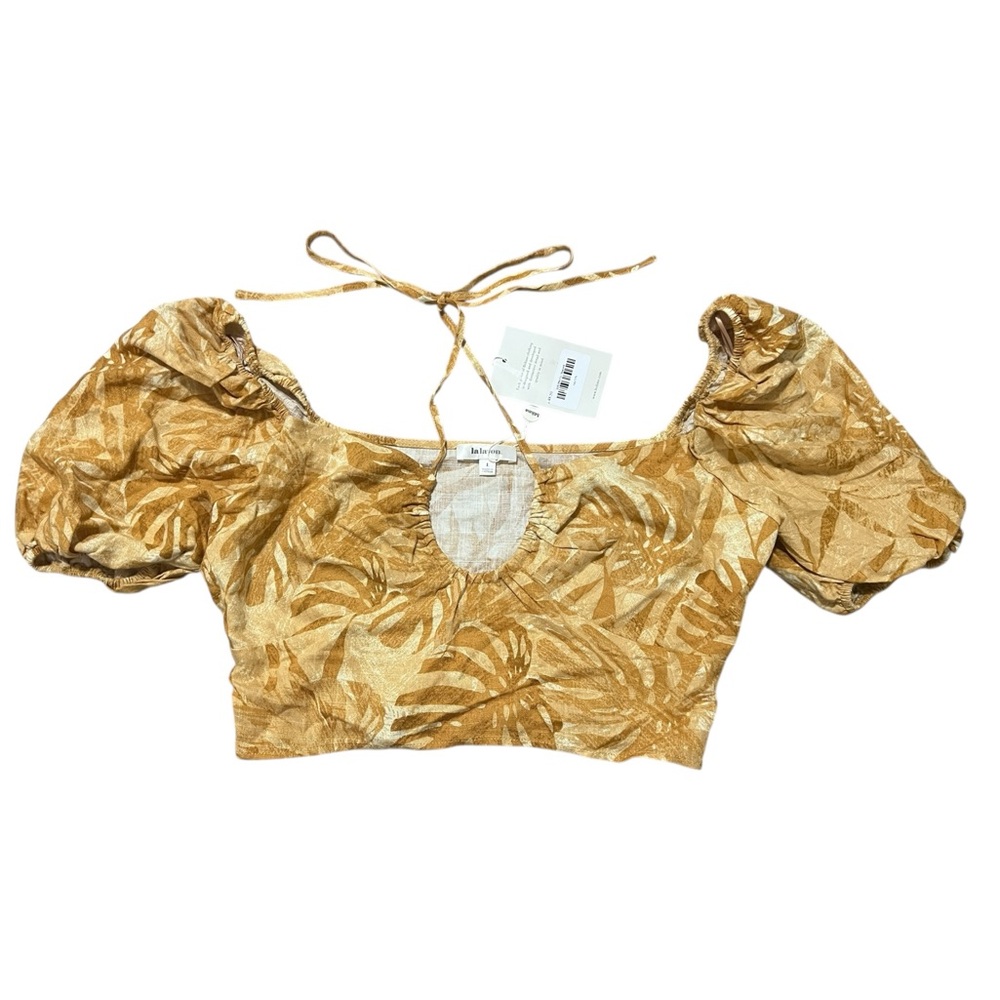Lalavon Tropical Puff Sleeve Bohemian Crop Top Rayon Linen Blend Size Large